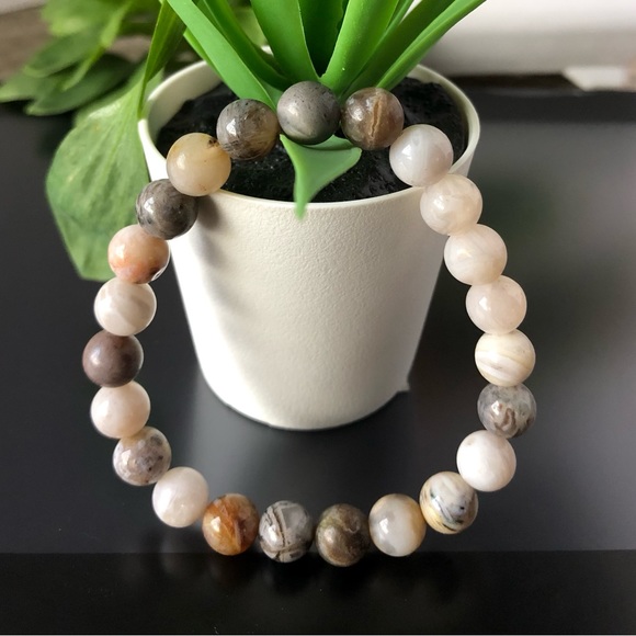 Bamboo Agate 8mm Natural Stone Beads Stretchable Bracelet - Picture 3 of 6